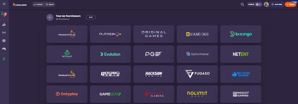 Coolzino Casino fournisseurs