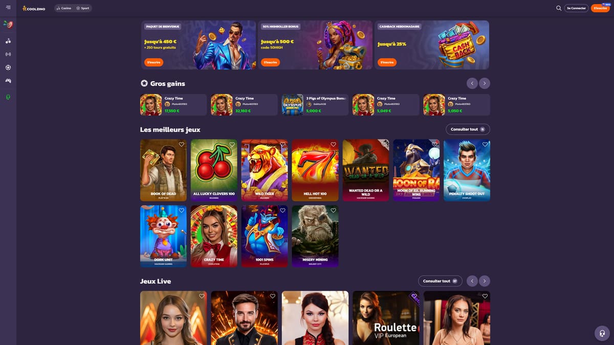Coolzino casino | Bonus jusqu'à 450€ + 250 tours gratuits